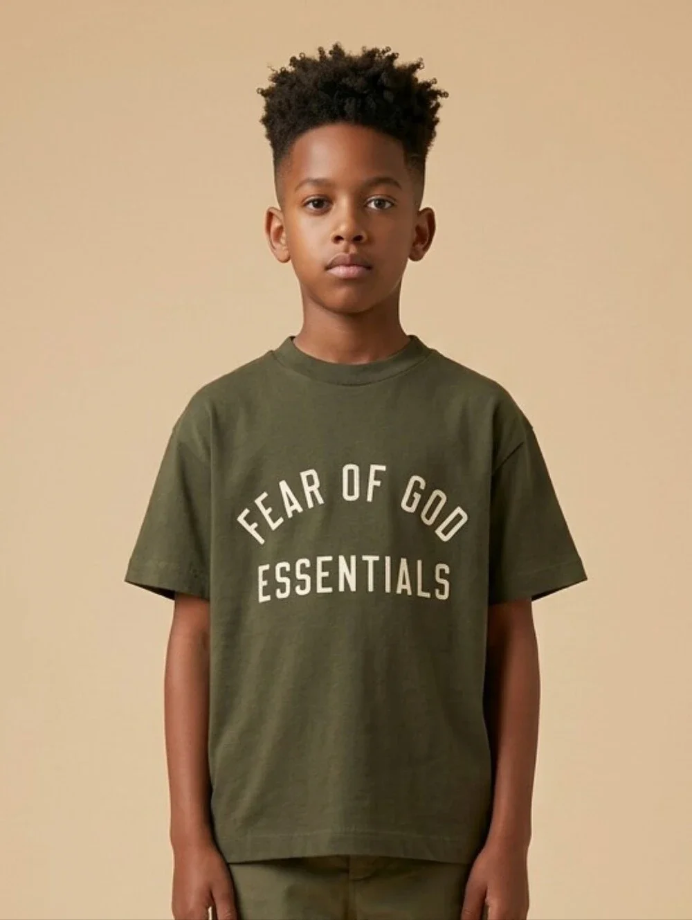 NWT Oversized Fear of God Essentials Kids Cotton Crew Neck Tee Sz 12 Military